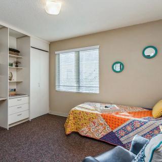 A cozy bedroom featuring a single bed with colorful bedding, carpeted flooring, modern wall art, and a bright window.