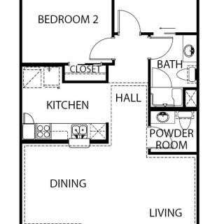 A detailed floor plan of a two-bedroom apartment.