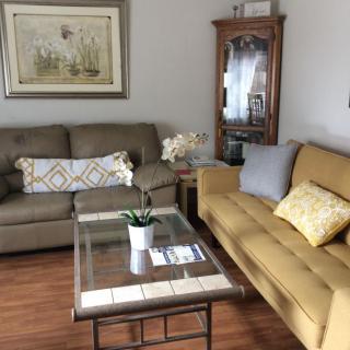 A cozy living room with two sofas, a glass coffee table, and stylish decor.