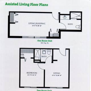 Assisted living floor plans showing one bedroom and two bedroom layouts.