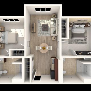 A 3D rendered floor plan of an apartment featuring a living room, two bedrooms, and a kitchen.