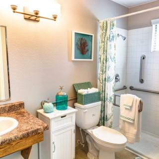 A well-lit bathroom with a shower, toilet, and sink featuring modern decor.