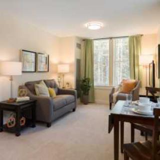 A cozy living room with a sofa, lamps, and a window with green curtains.