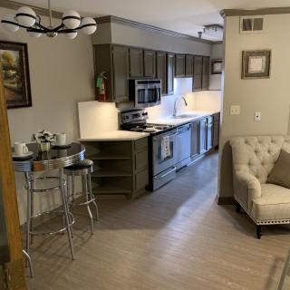 Modern kitchen and living room with stylish furniture and appliances.