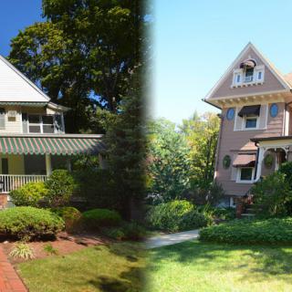 A side-by-side view of two charming residential houses surrounded by lush gardens.