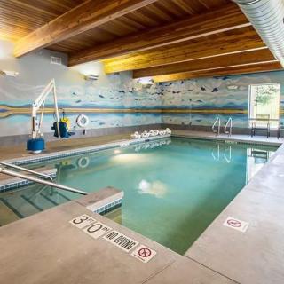 An indoor swimming pool with safety equipment and artistic wall design.