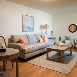 A cozy living room with a gray sofa, decorated with orange cushions, a wooden coffee table, and various decorative items.