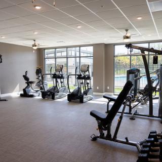 A modern gym equipped with exercise bikes, treadmills, and weightlifting machines.
