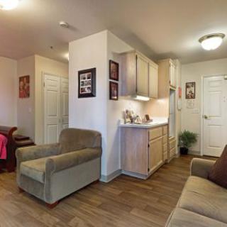A cozy living room with a sofa and armchair, adjacent to a small kitchenette.
