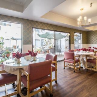 A well-lit dining room with tables and chairs, decorated with plants and floral arrangements.