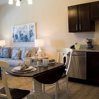 A modern open-concept living and kitchen area with a cozy dining setup.