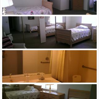 A series of images showing different bedrooms in a healthcare or nursing home setting.