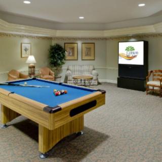 A cozy game room featuring a pool table and a seating area with decorative elements.