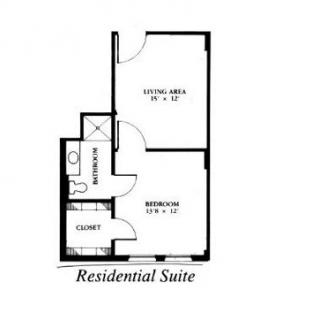 An architectural floor plan of a residential suite, showing the layout of rooms including a living area and bedroom.