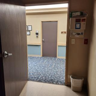 A view from an open door into a hallway with blue carpet and a closed door at the end.