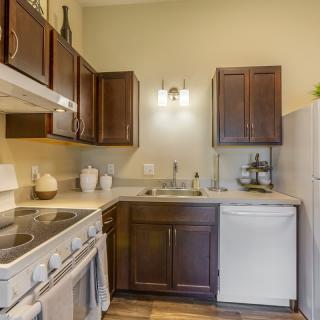 A cozy kitchen with dark wooden cabinets, a stove, and a dishwasher.