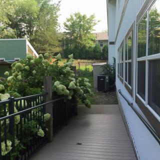 A scenic pathway alongside a building lined with lush greenery and blooming plants.