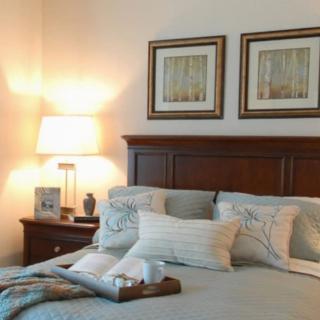 A cozy bedroom with elegant decor, featuring a neatly made bed adorned with several pillows, accompanied by framed artwork and a lamp on a bedside table.