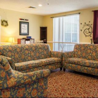 Cozy living room with patterned sofas and warm lighting.
