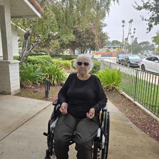 A senior individual enjoying the outdoors while seated in a wheelchair.