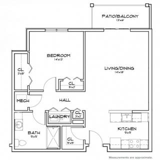 A floor plan of a one-bedroom apartment, featuring a kitchen, living/dining area, bathroom, laundry room, and patio/balcony.