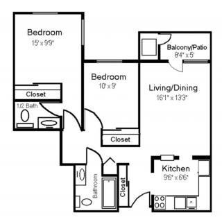 A floor plan of a two-bedroom apartment featuring a kitchen, living/dining area, bathroom, and balcony/patio.