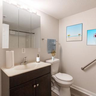 A modern bathroom with a vanity, sink, mirror, and toilet.