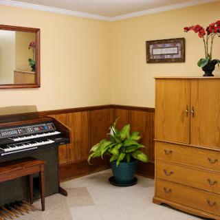 A cozy room featuring a piano, a wooden dresser, and a vibrant houseplant.