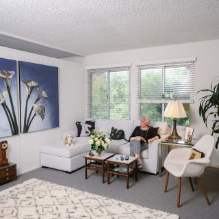 A cozy living room with modern decor, featuring a sofa, artwork on the wall, and various furnishings.