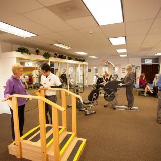 A physical therapy center with people engaging in rehabilitation exercises using various gym equipment.