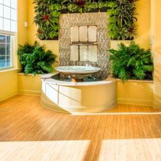 A beautifully decorated indoor space featuring a central fountain surrounded by lush green plants and illuminated by natural sunlight.