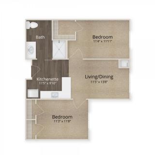 A floor plan of a two-bedroom apartment with a living/dining area, kitchen, and bathroom.