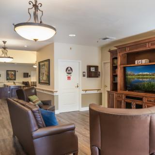 A cozy living room featuring leather sofas, a large television, and elegant lighting fixtures.