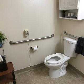 Accessible bathroom with grab bars and modern amenities.