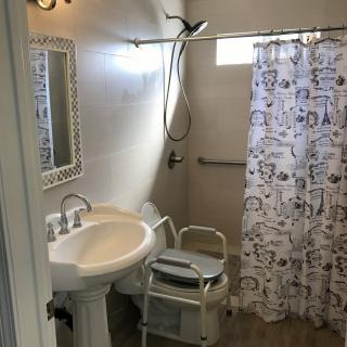 An accessible bathroom with a pedestal sink, shower area, and a patterned curtain.