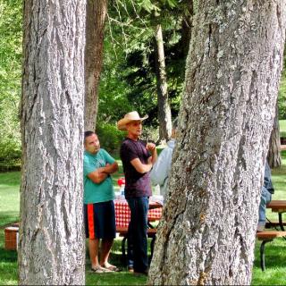 People enjoying a picnic in a park surrounded by trees.
