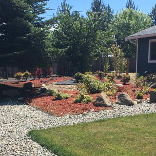 A beautifully landscaped garden featuring mulch, various plants, and rocks, next to a house.
