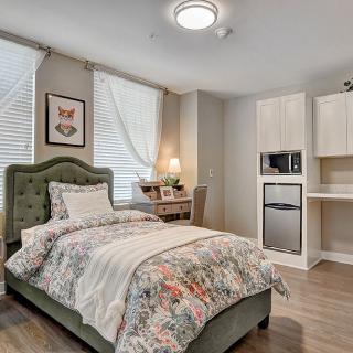 A cozy and stylish bedroom with a single bed, desk, and modern decor.
