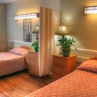 A cozy bedroom with twin beds, plants, and soft lighting.
