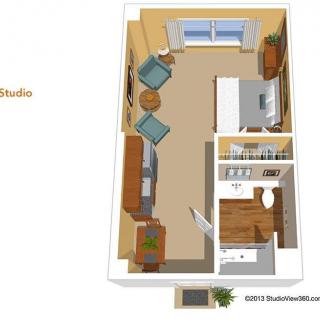 Studio apartment floor plan layout.