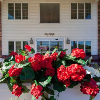 A close-up of vibrant red roses in front of a building entrance.