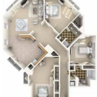 A 3D floor plan of an apartment showcasing various rooms and their arrangements.