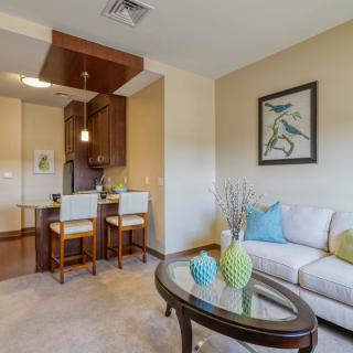 A modern living room with a small kitchen area, featuring comfortable seating and stylish decor.