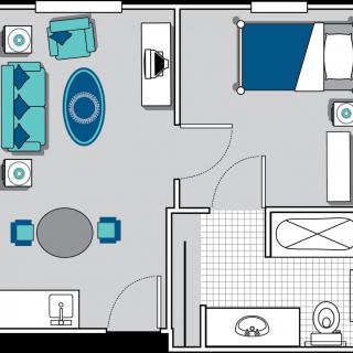 A floor plan illustrating a compact apartment with a living room, bedroom, and bathroom.