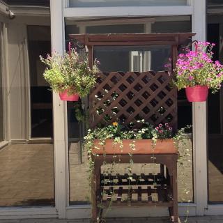 A beautifully decorated patio area features hanging flower pots and a planter box filled with colorful blooms, creating an inviting outdoor space at night.