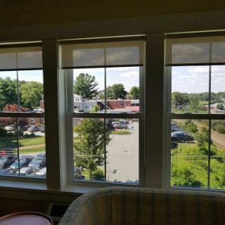 A view from the window showcasing a mix of greenery and parked cars in daylight.