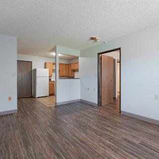A spacious and modern apartment interior featuring an open floor plan with wood flooring.
