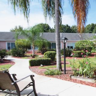 A beautifully landscaped garden with a winding pathway, palm trees, and outdoor seating under a clear blue sky.