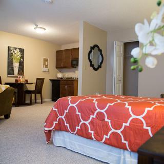 A cozy bedroom with modern decor and a vibrant bedspread.