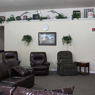 A cozy living room setting featuring armchairs, a sofa, decorative plants, and a clock on the wall.
